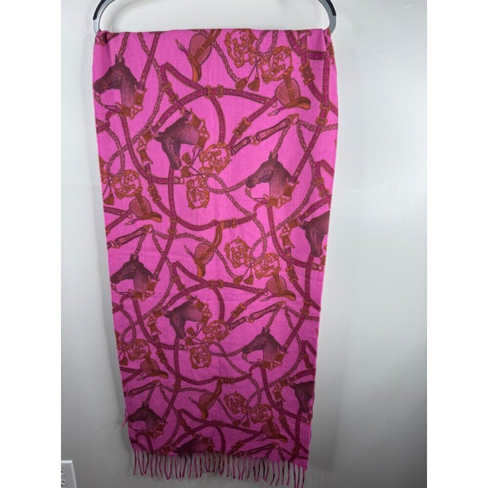 Fendi Equestrian Horse Print Fringed Scarf Fuchsia & Brown - Picture 12 of 12